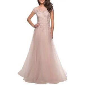 NWT La Femme Light Blush Lace Embellished  Gown Formal Dress Prom or Bridesmaid